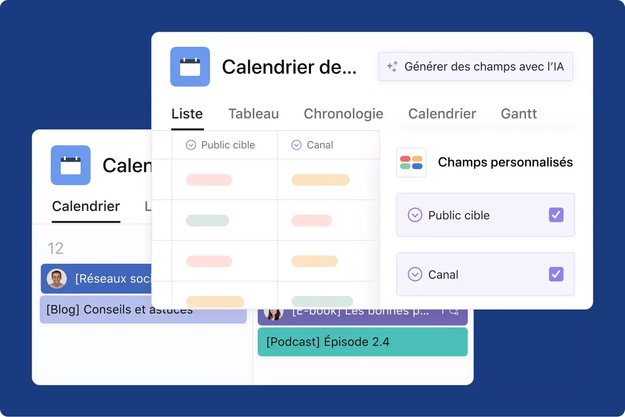 Calendrier de contenu sur Asana - Interface utilisateur produit