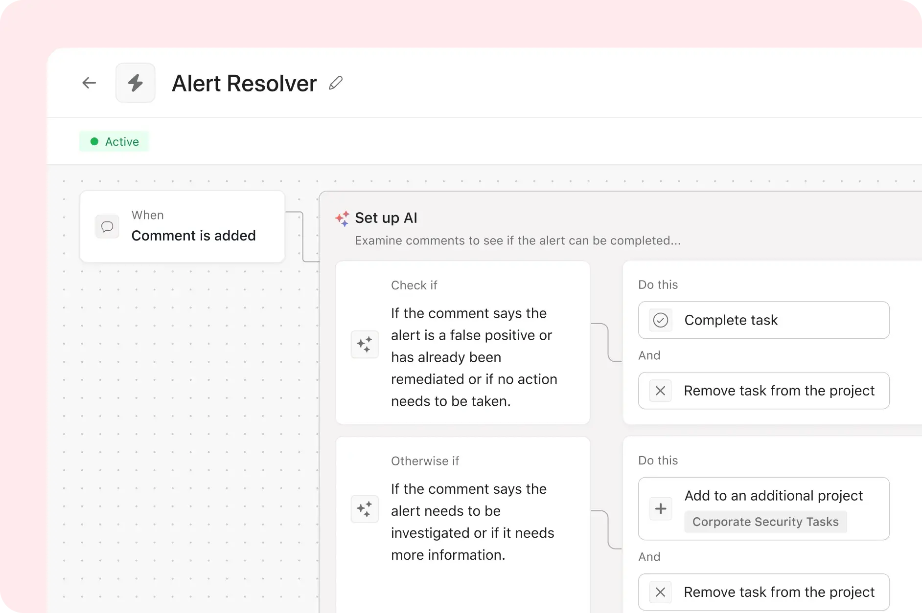 Product UI image showing how to use Asana AI Studio to resolve security alerts