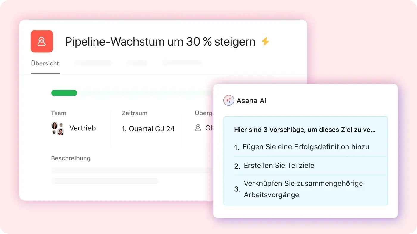 Produkt-UI von Asana AI mit Empfehlungen, wie ein Nutzer ein in Asana festgelegtes Ziel verbessern kann