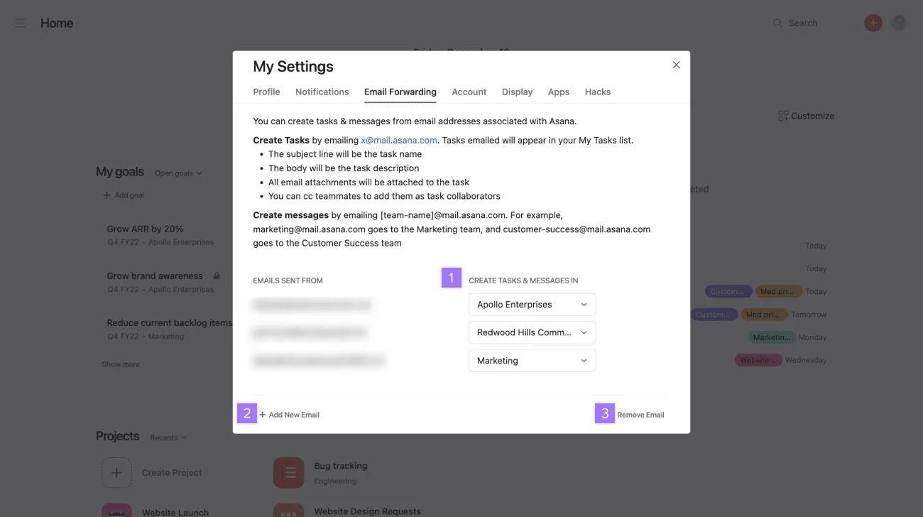 Email forwarding settings
