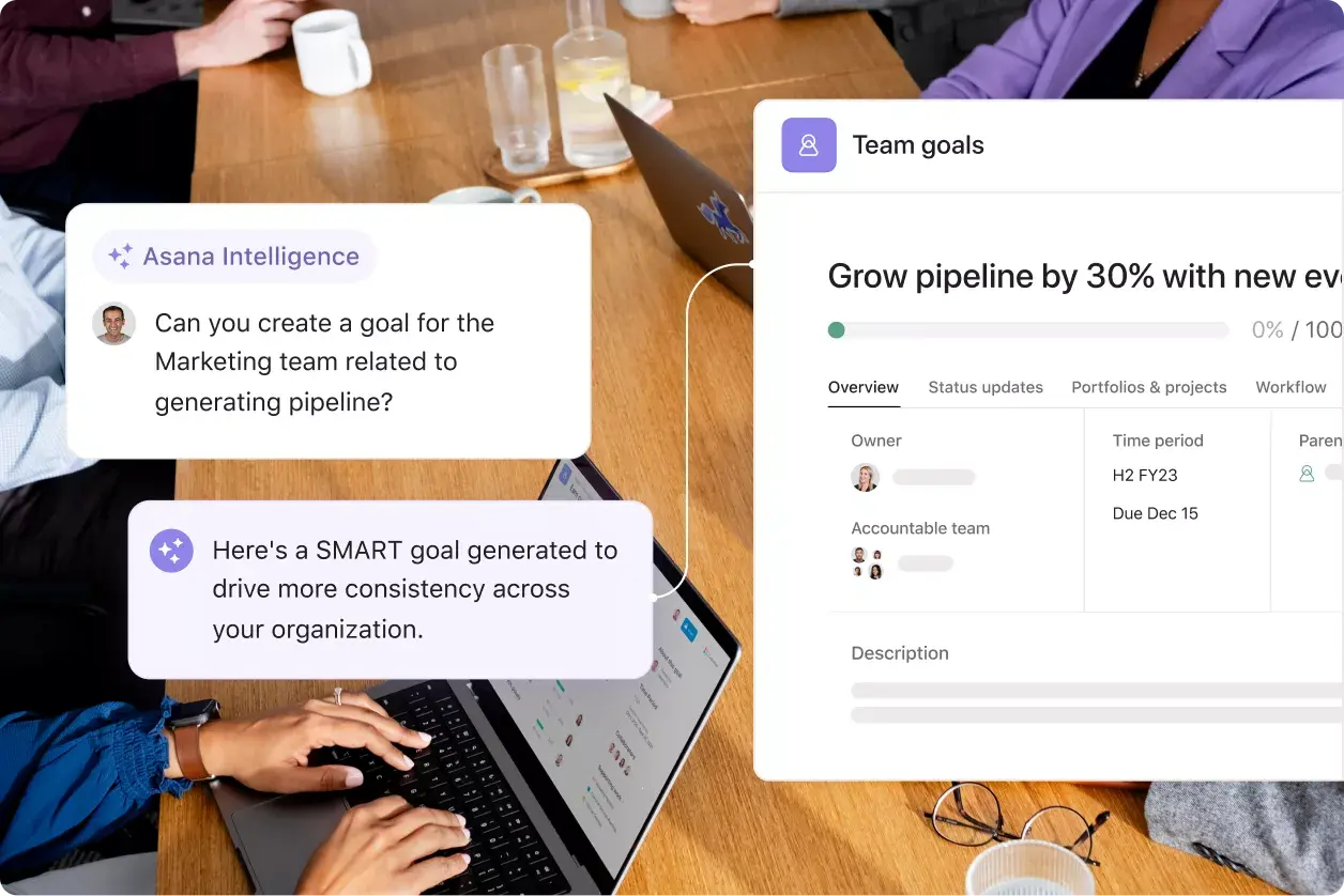 팀 목표를 위해 일하는 직원 그룹: Asana 추상화 제품 UI