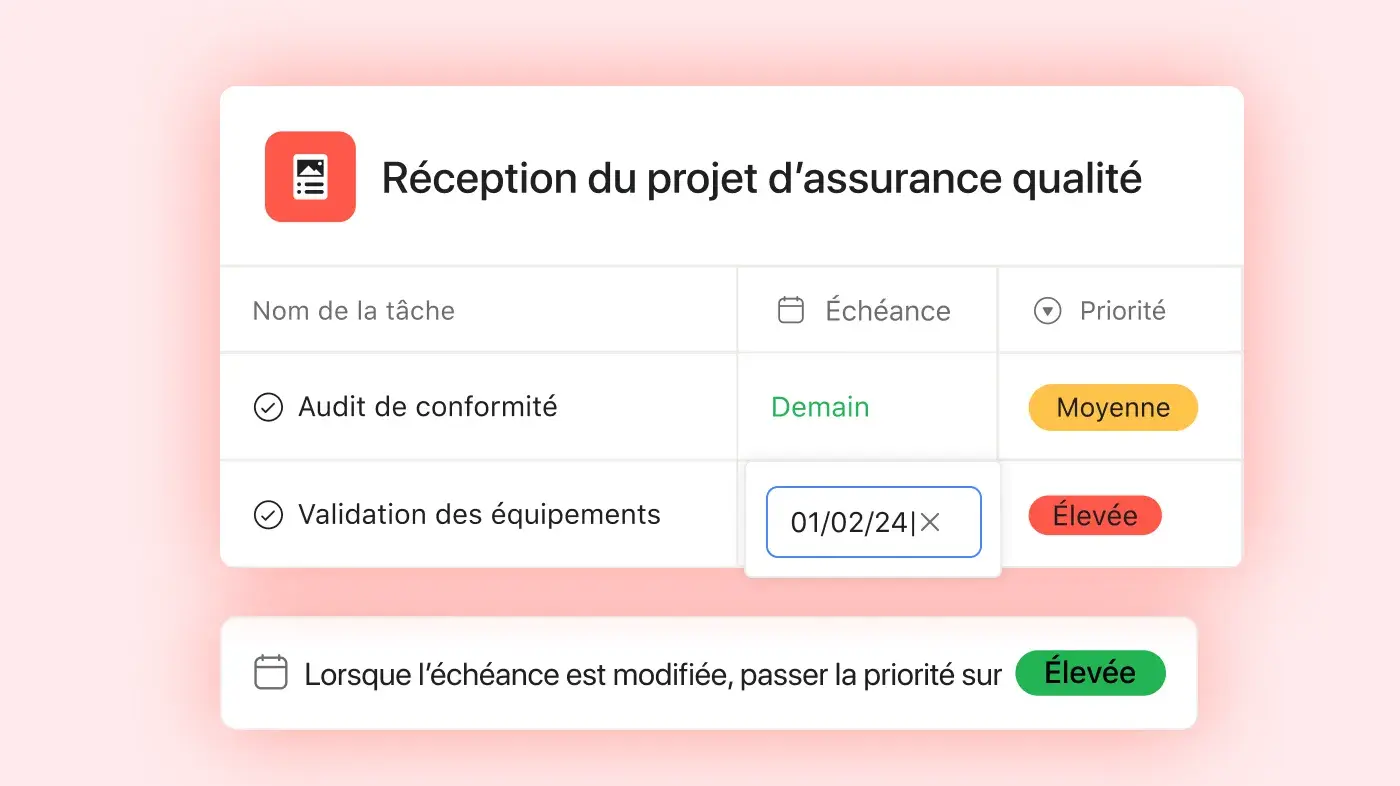 Vue Liste de réception des projets d’assurance qualité : exemple de l’interface utilisateur produit sur Asana