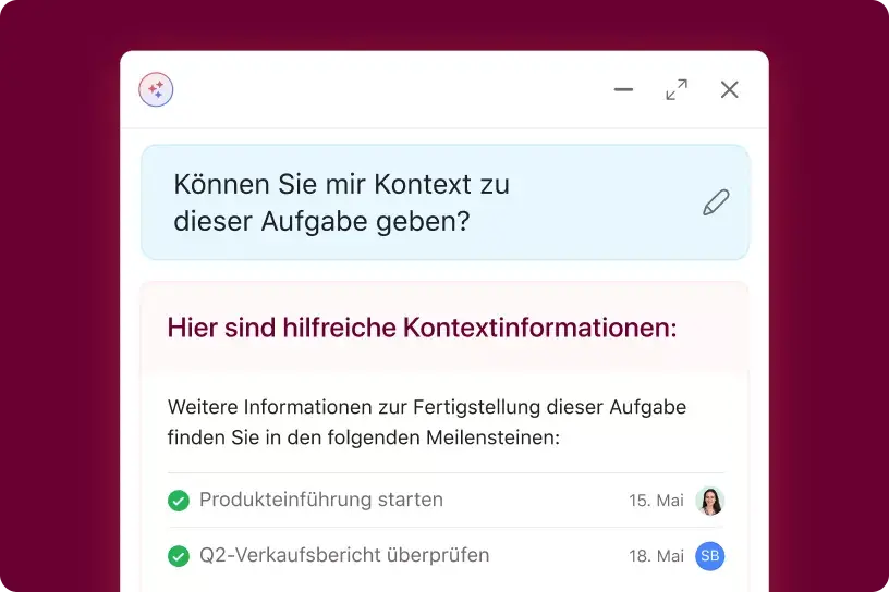 Produkt-UI mit der Asana-KI-Funktionalität für Teammitglieder, die verwandte Aufgaben bereitstellt, um Kontext für eine neue Anfrage zu liefern, der sie zugeordnet wurden