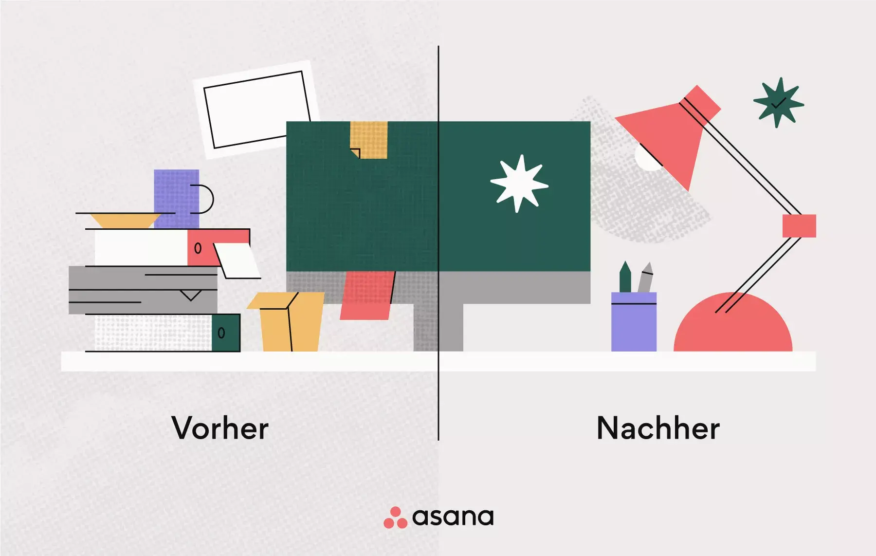 [Inline-Illustration] Vor und nach dem Aufräumen des Schreibtischs (abstrakt)