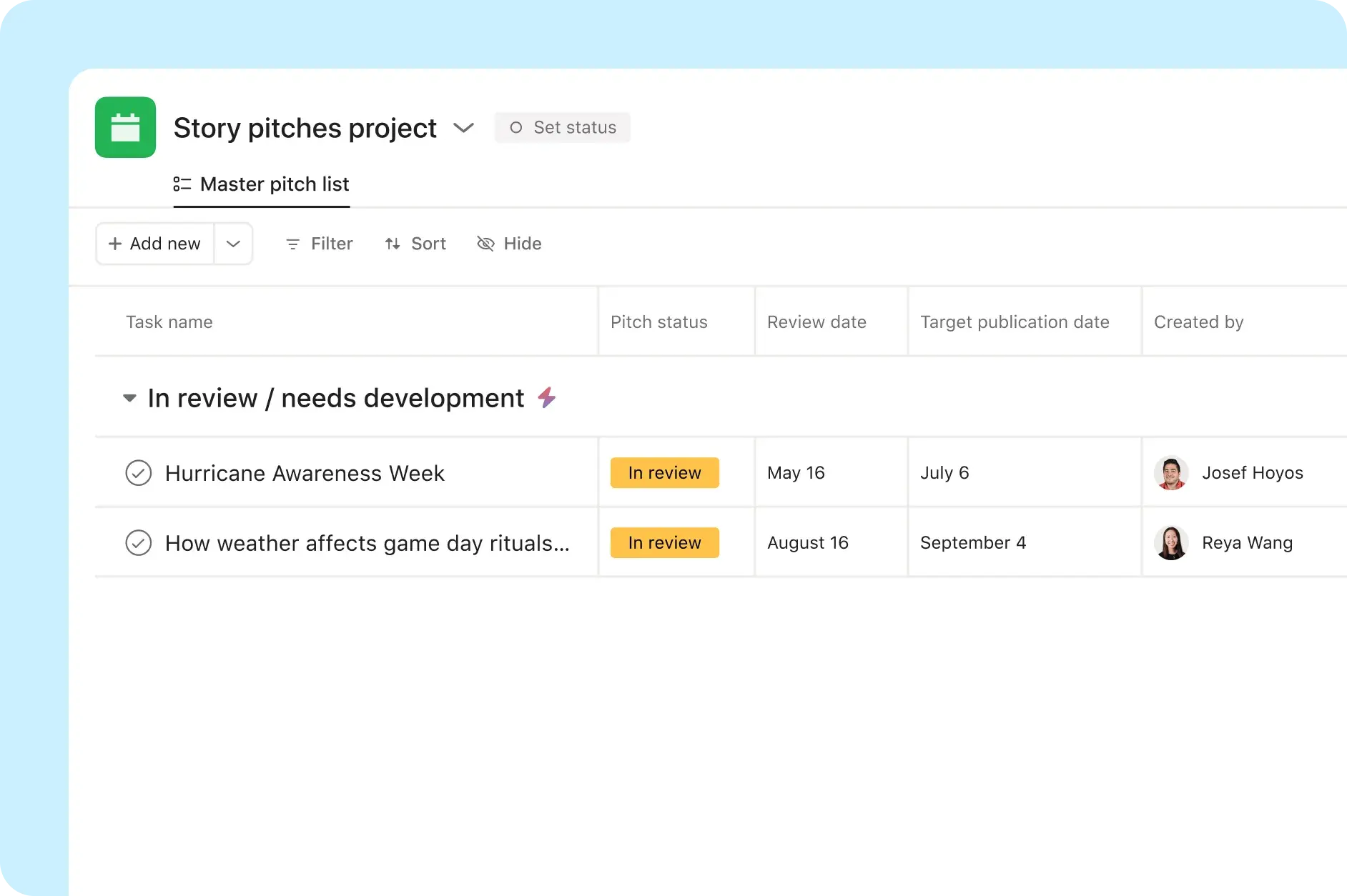 Asana product UI image showing a story pitches project where an AI-powered workflow tags and categorizes pitches