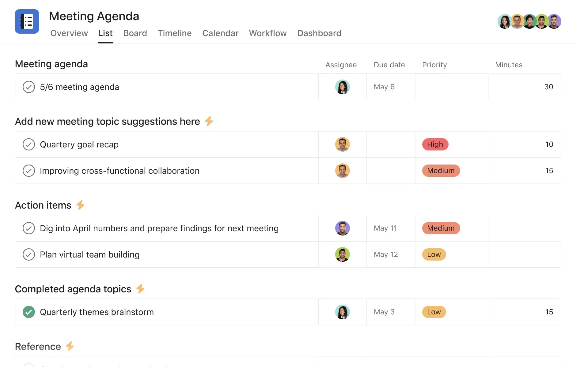 [Interfaz de usuario del producto] Ejemplo de plantilla para agendas de reuniones en Asana, vista del proyecto en formato de hoja de cálculo (listas)