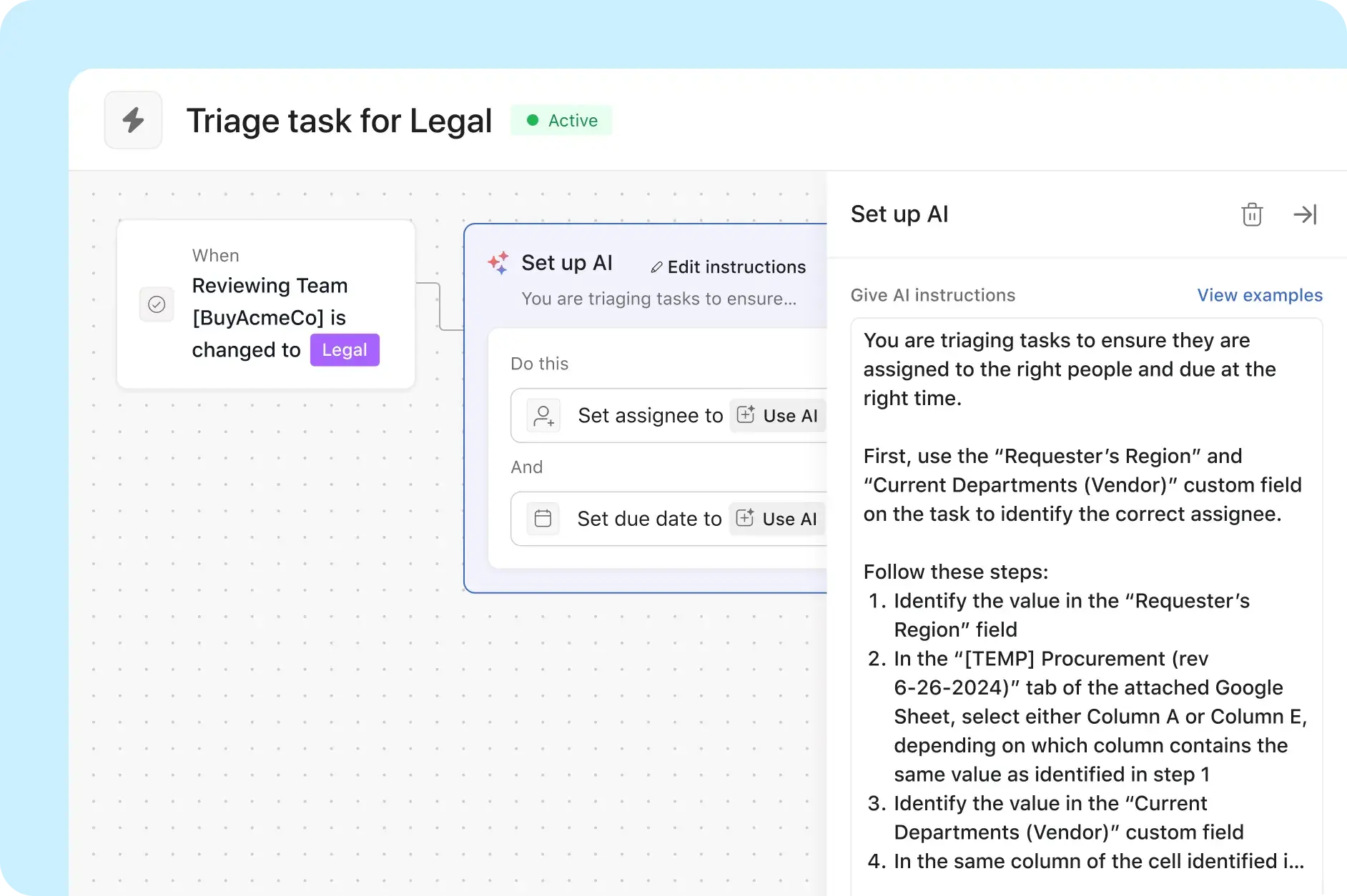 UI showing how the Asana procurement team uses Asana AI Studio to automate the assignment of tasks. 