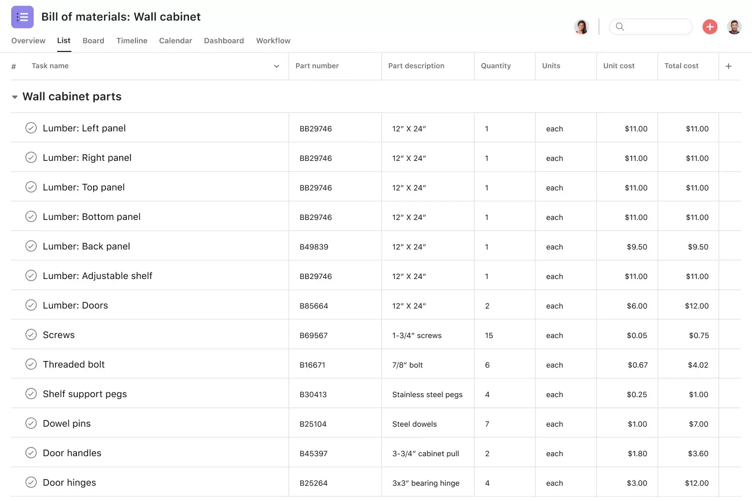 [Interface do produto] Lista de materiais na Asana com visualização de projeto no estilo de planilha (lista)