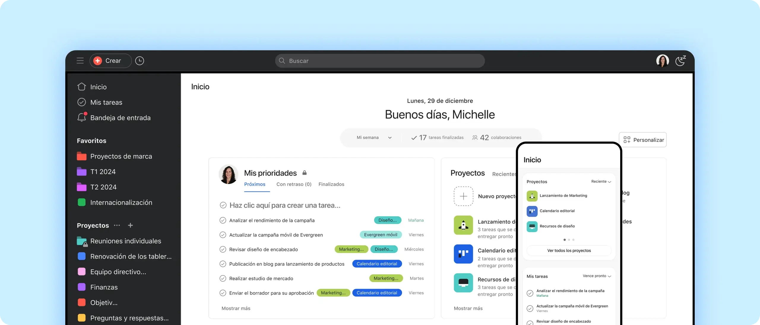 Aplicaciones móviles y de escritorio en Asana
