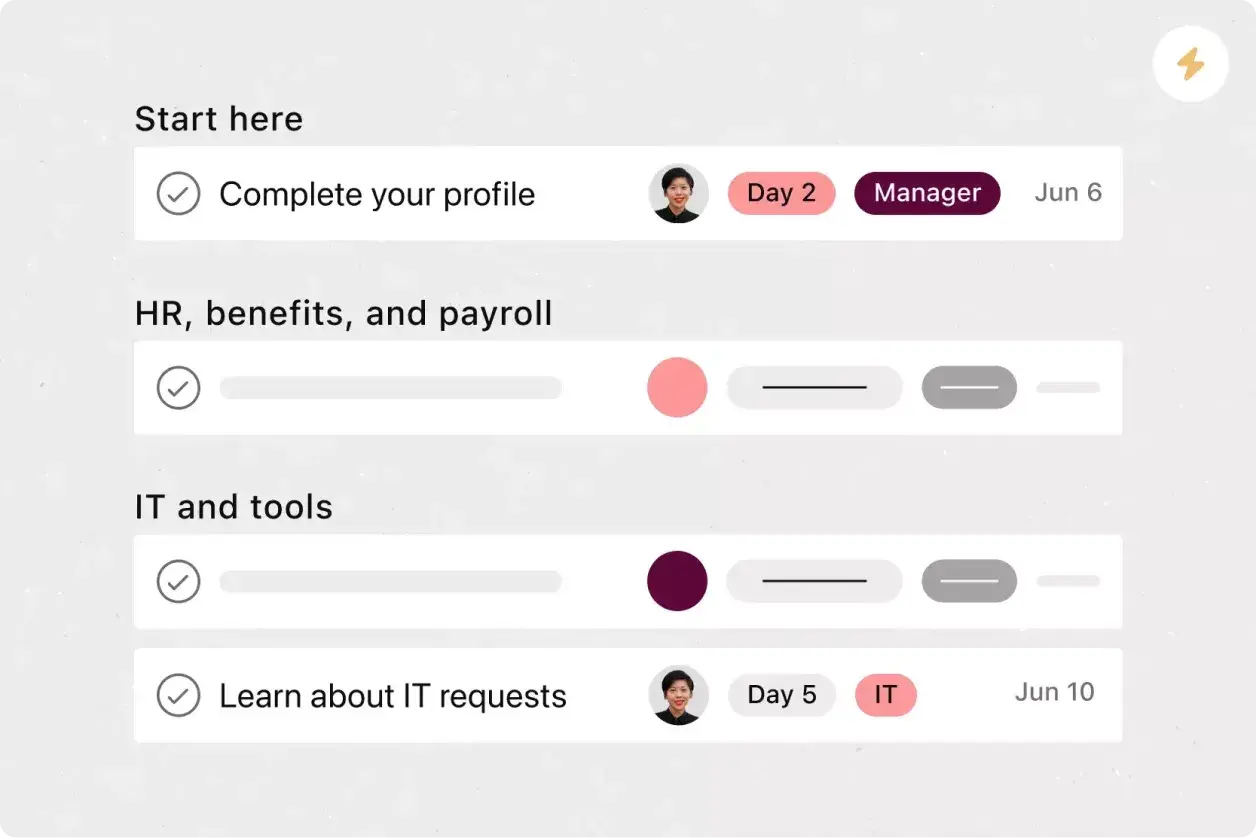 Product UI image in Asana of employee onboarding template