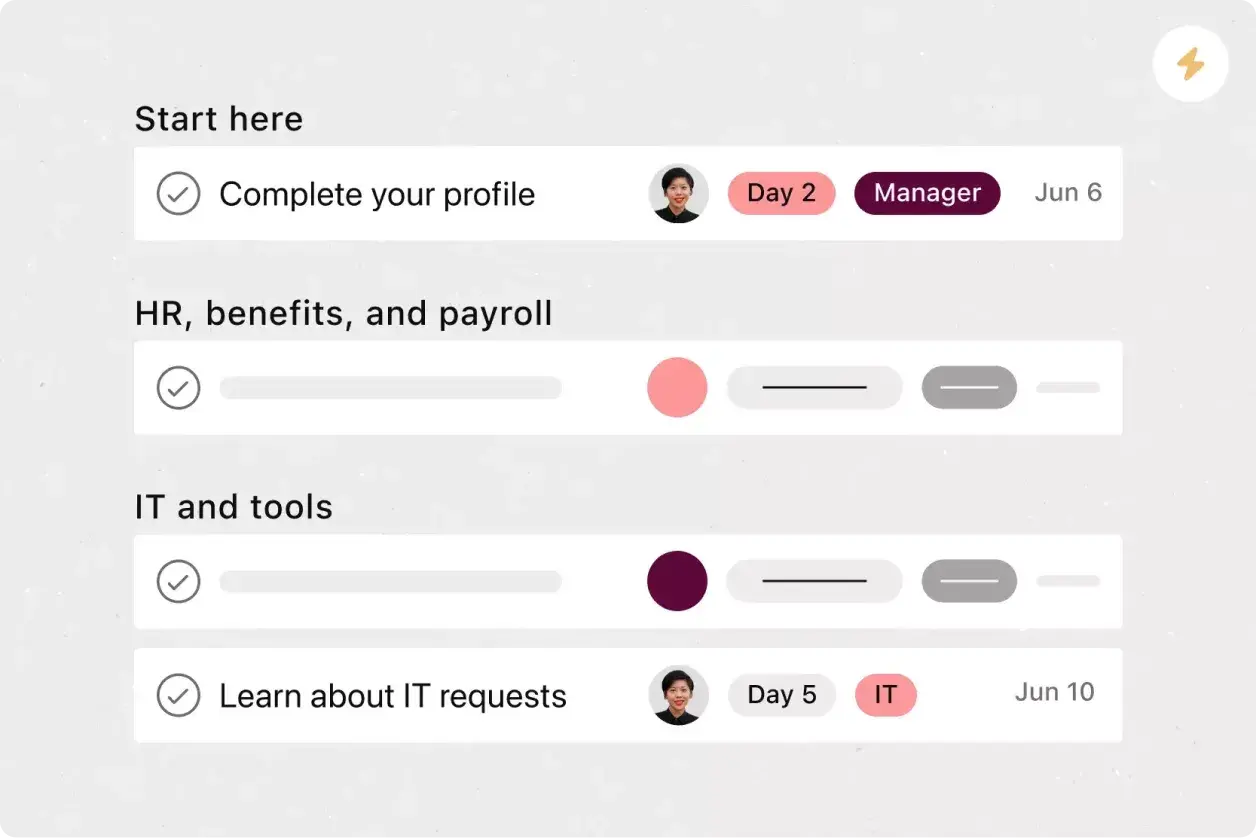 Afbeelding van product-UI in Asana van sjabloon voor onboarding van werknemers