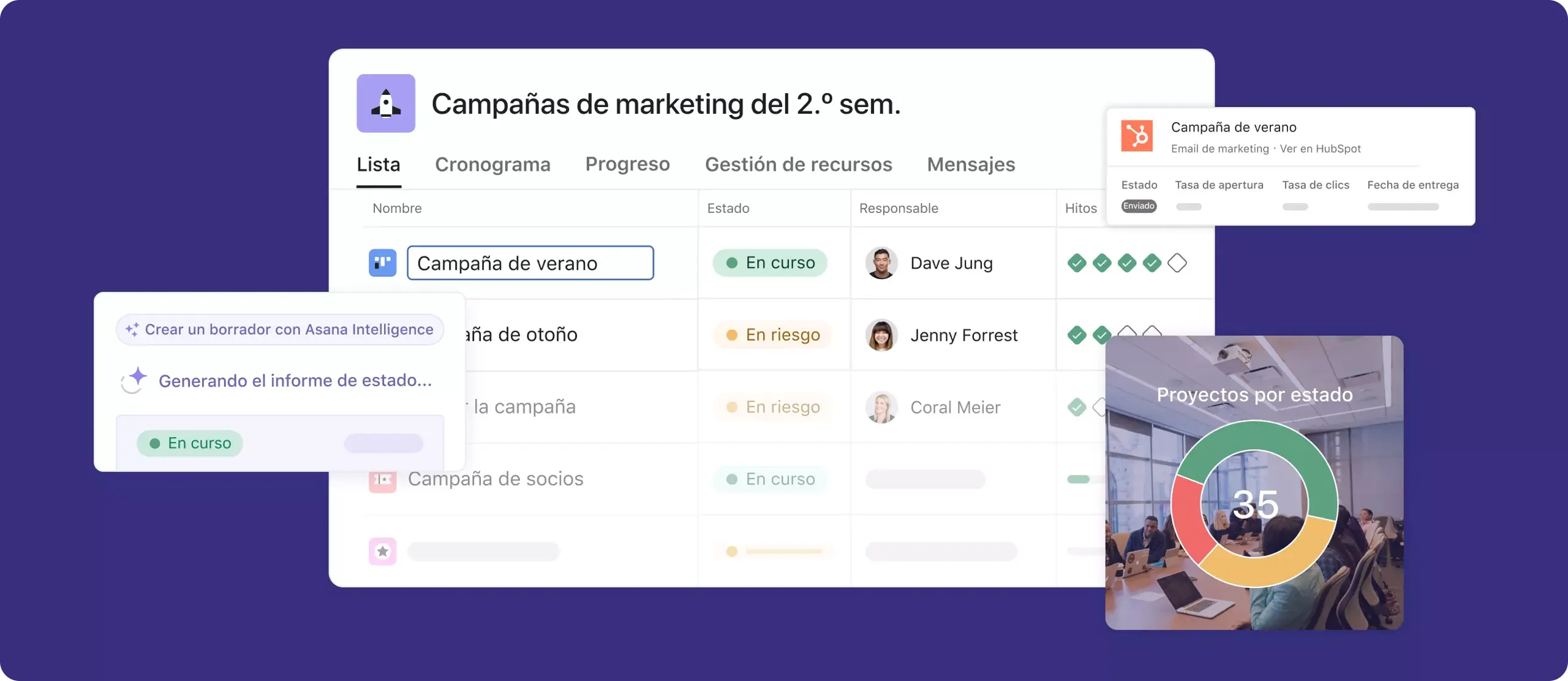 Imagen principal de la gestión de campañas de marketing en una interfaz de usuario de Asana 