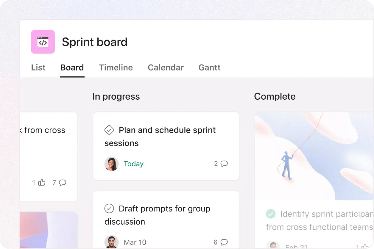 Asana의 보드용 제품 UI