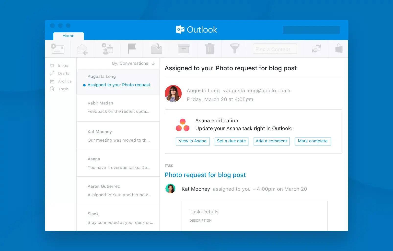 Update Asana tasks from Outlook with actionable messages article banner image