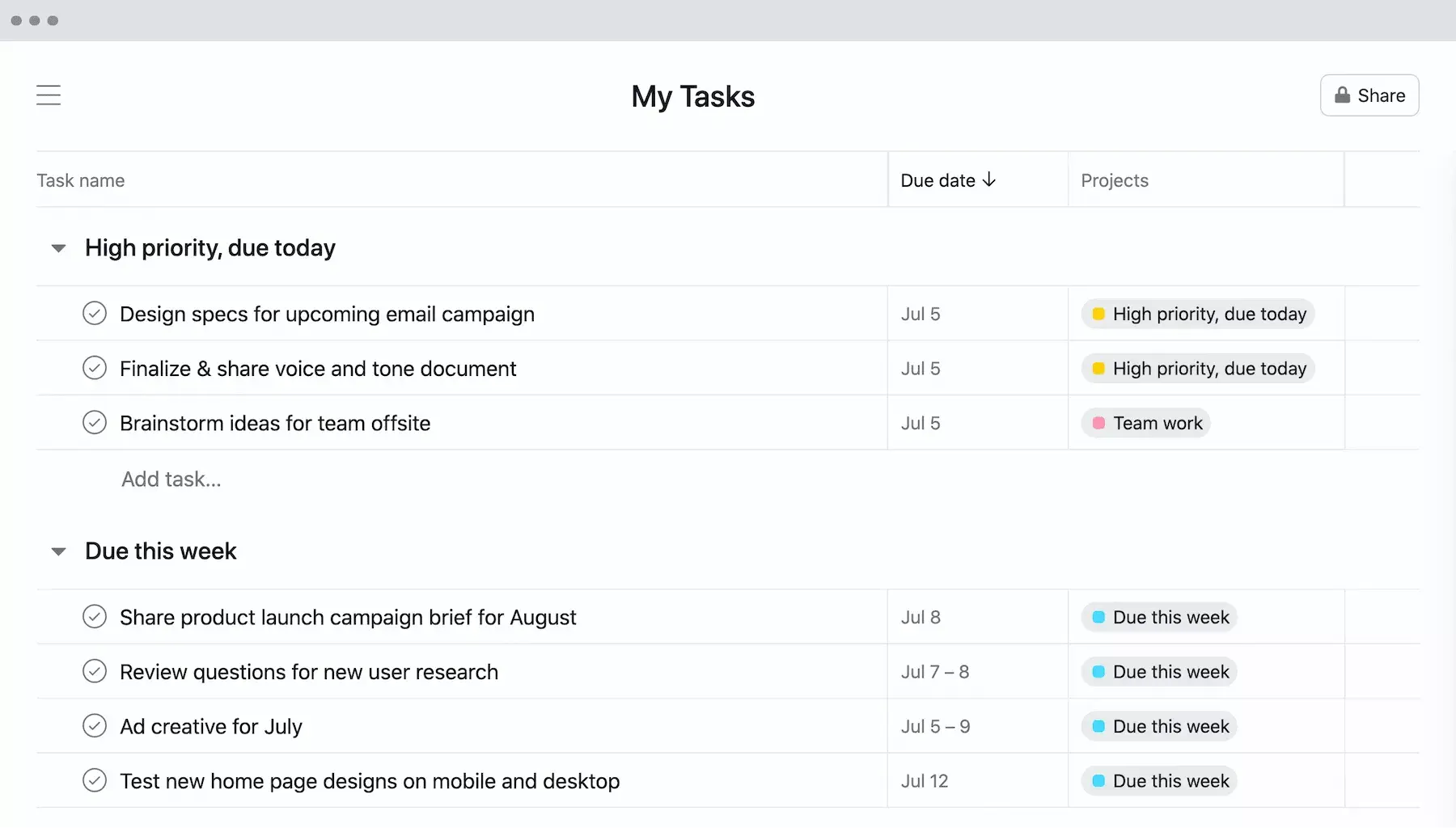 [Visualização de lista] Método GTD organizado num projeto em Minhas tarefas na Asana com prioridade, data e informações a nível do projeto (passo 3)