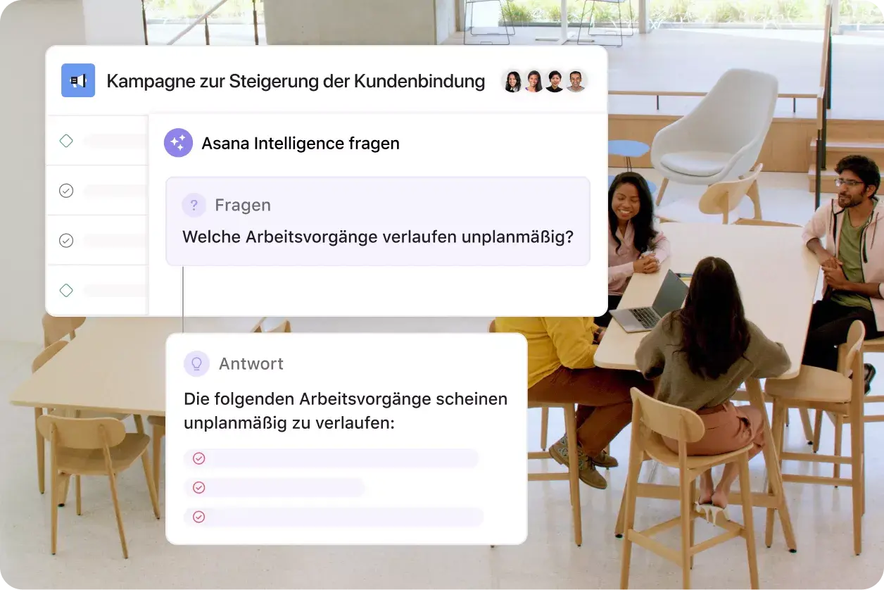 Bild der KI in der Asana-Produkt-UI, das über das Bild von Büroangestellten bei einem Meeting überlagert wird