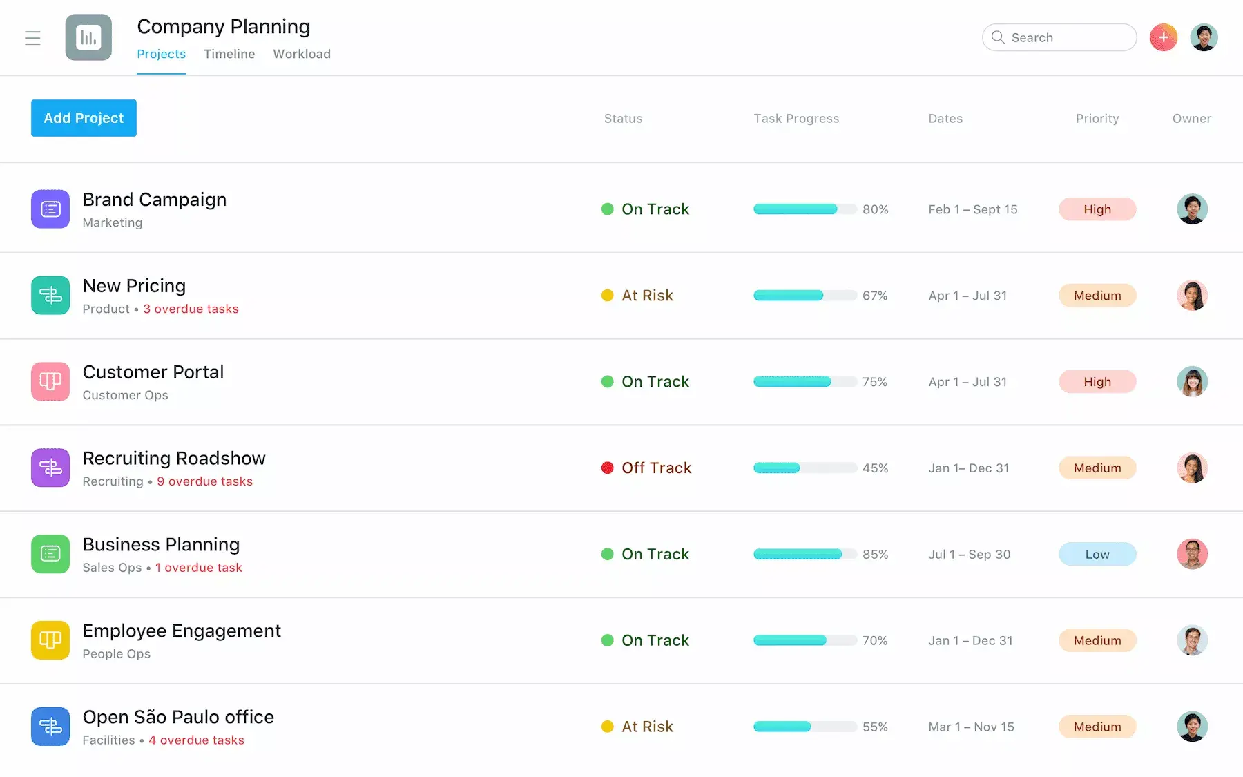 Portfolio zur Unternehmensplanung mit Status- und Fortschrittsbalken in Asana