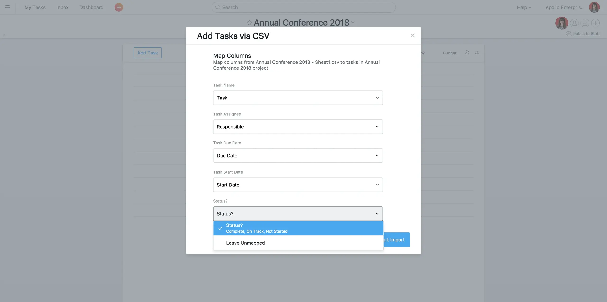 Product UI: Import spreadsheet to Asana