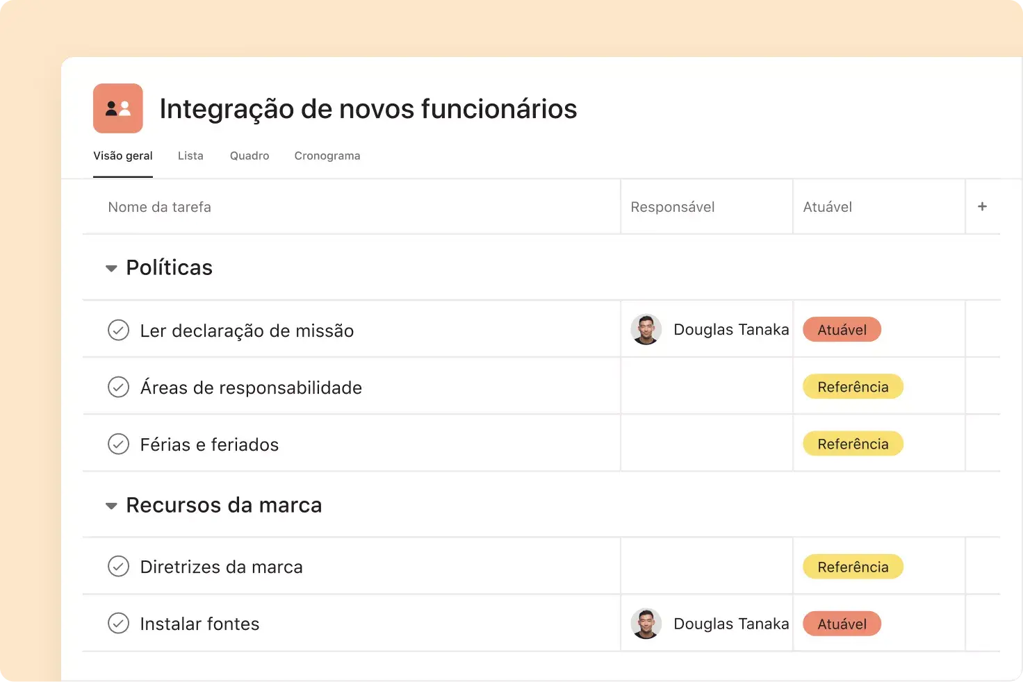 gerir a integração de funcionários na Asana