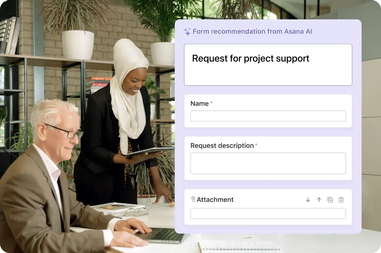 Image of two employees filling out a request for project support on Asana AI: Asana abstracted product UI