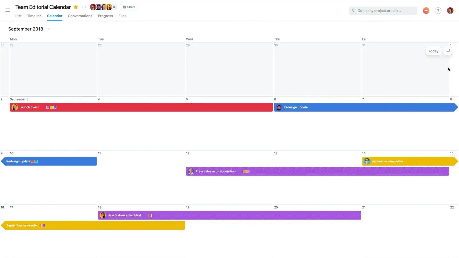 Asana product UI: Team editorial calendar sorted by color