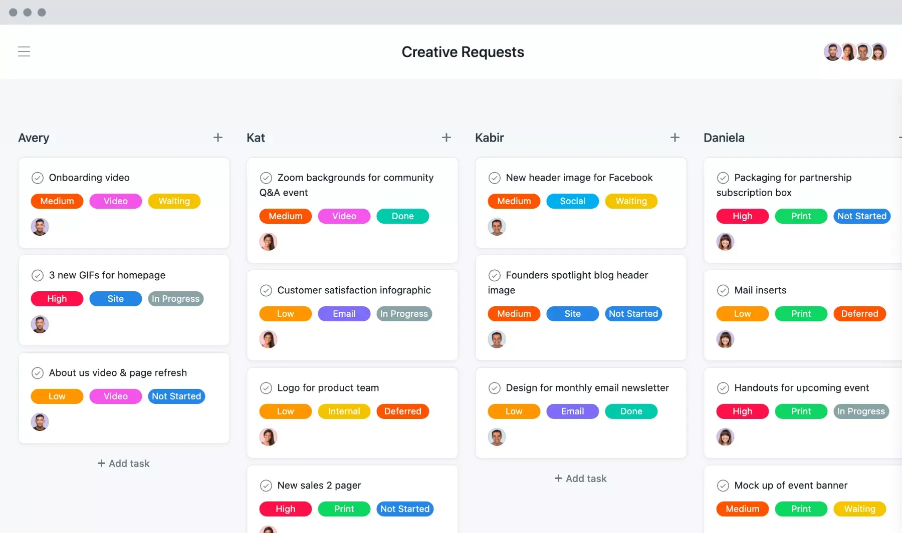 [Vista de Tablero] Tablero Kanban para solicitudes de trabajo creativo en Asana