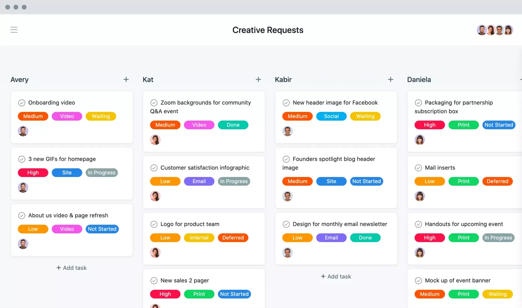 [Old Product UI] Creative Requests Kanban board example (Boards)