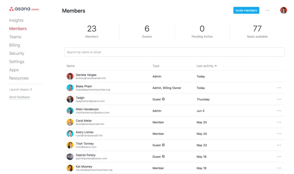 Asana project preview: Members
