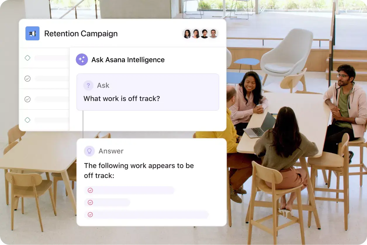 Bild på AI i Asanas produktanvändargränssnitt ovanpå en bild som visar kontorsmedarbetare vid ett möte