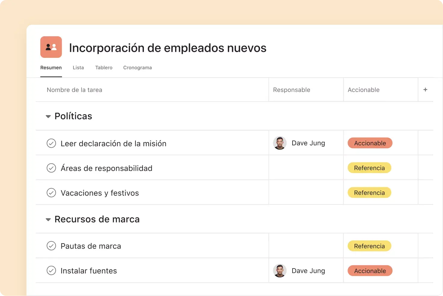 gestiona la incorporación de empleados en Asana