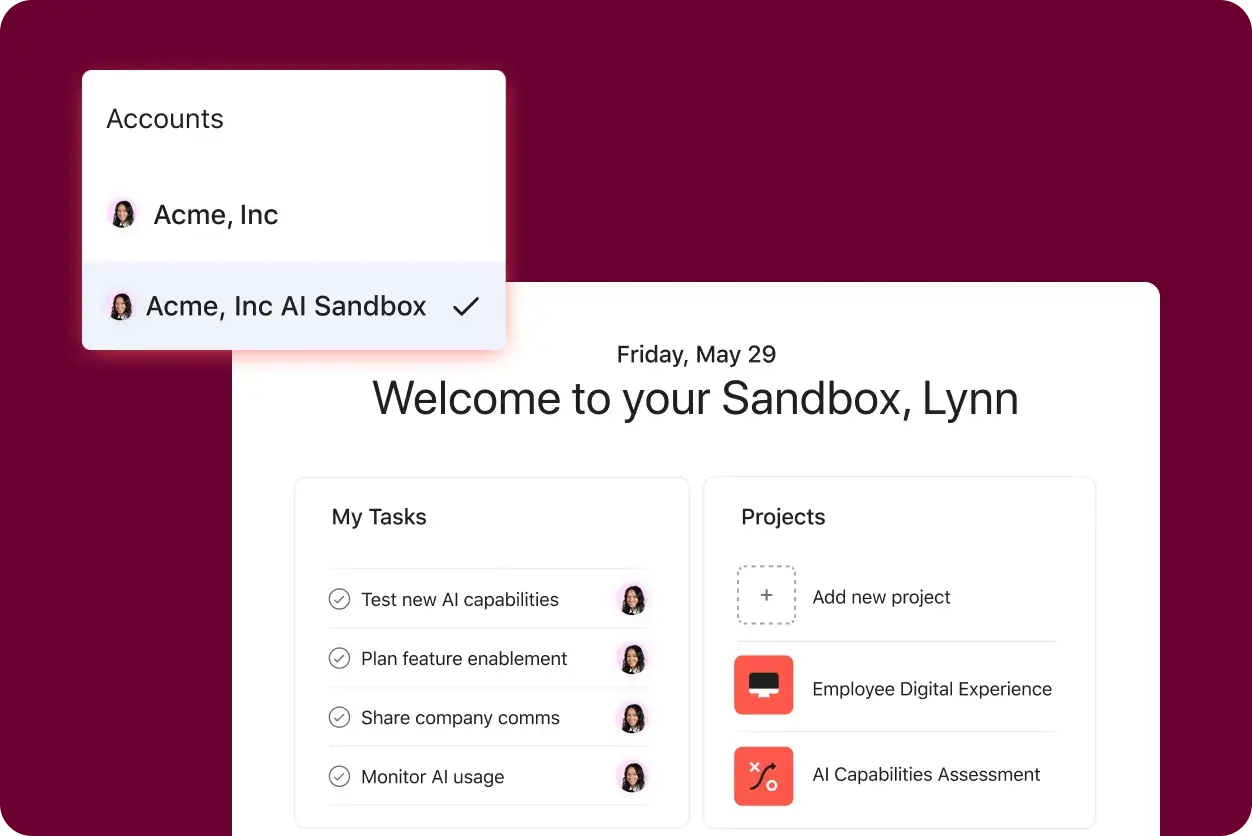 Sandboxes da interface do usuário do produto Asana