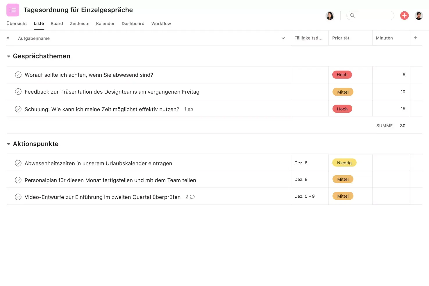 [Produkt-UI] Vorlage für Einzelgespräche mit Tagesordnung, Diskussionsthemen, Aktionspunkten und Prioritäten (Listenansicht)