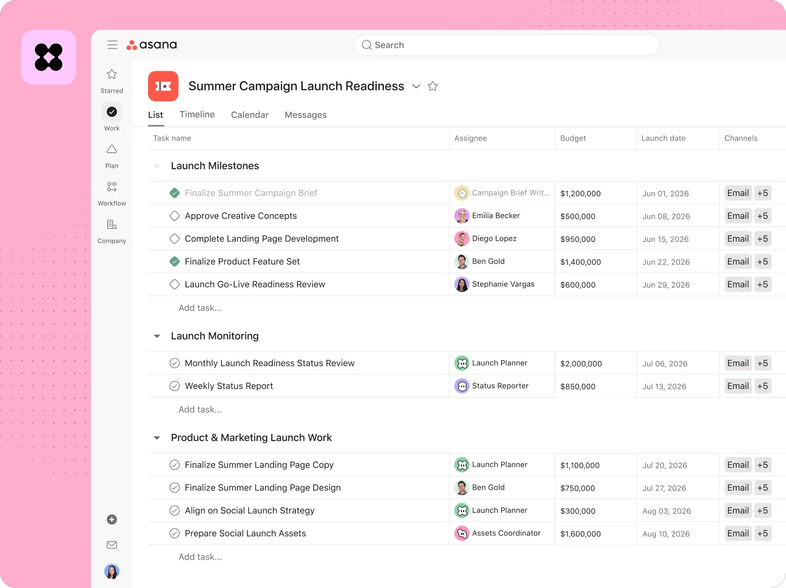 Asana work management interface showing AI agents and human-assigned tasks in a Summer Campaign Launch project