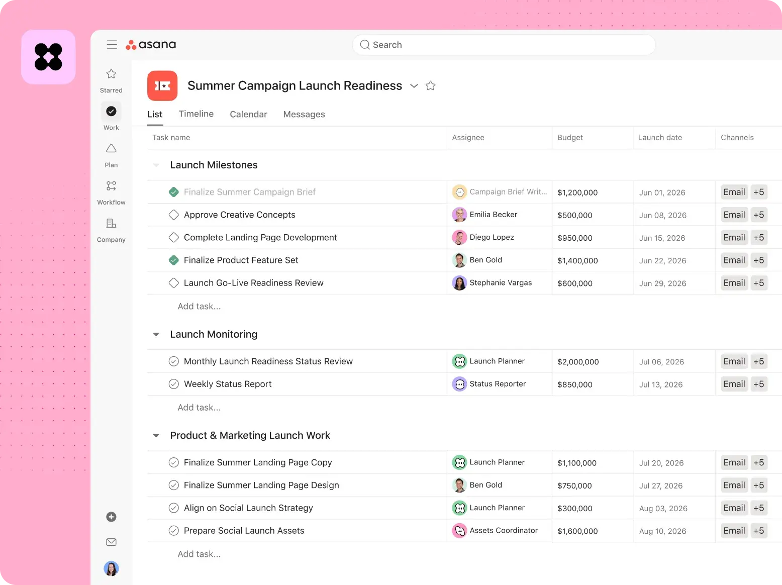 Asana UI displaying a "Summer Campaign Launch Readiness" project list. Sections include milestones and launch monitoring. Tasks are assigned to a mix of human team members and AI agents, such as a "Launch Planner" and "Status Reporter".