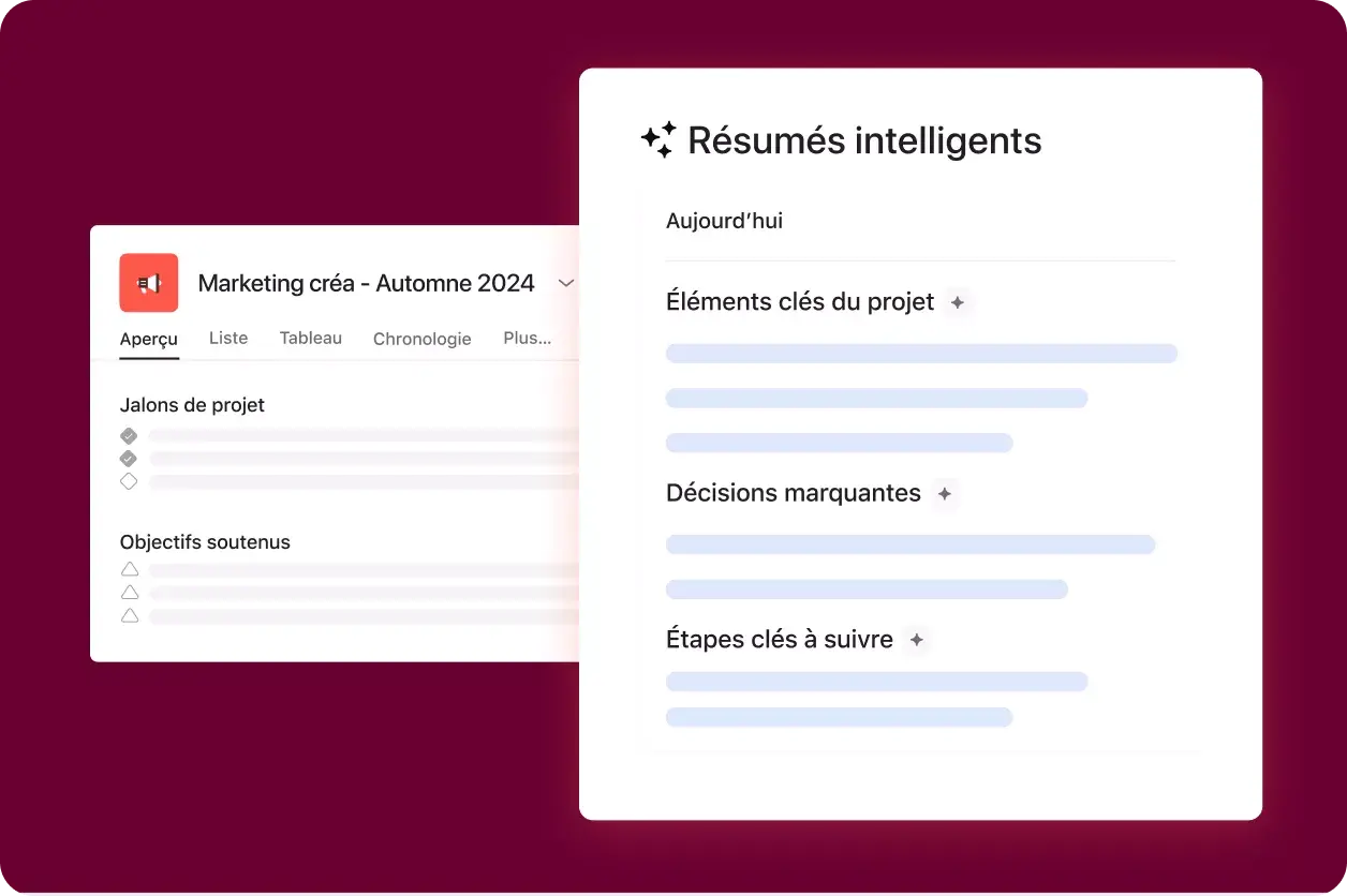Interface utilisateur produit Asana montrant l’IA Asana en train de créer un résumé des mises à jour de statut pour un projet « Marketing Créatif - Automne 2024 »