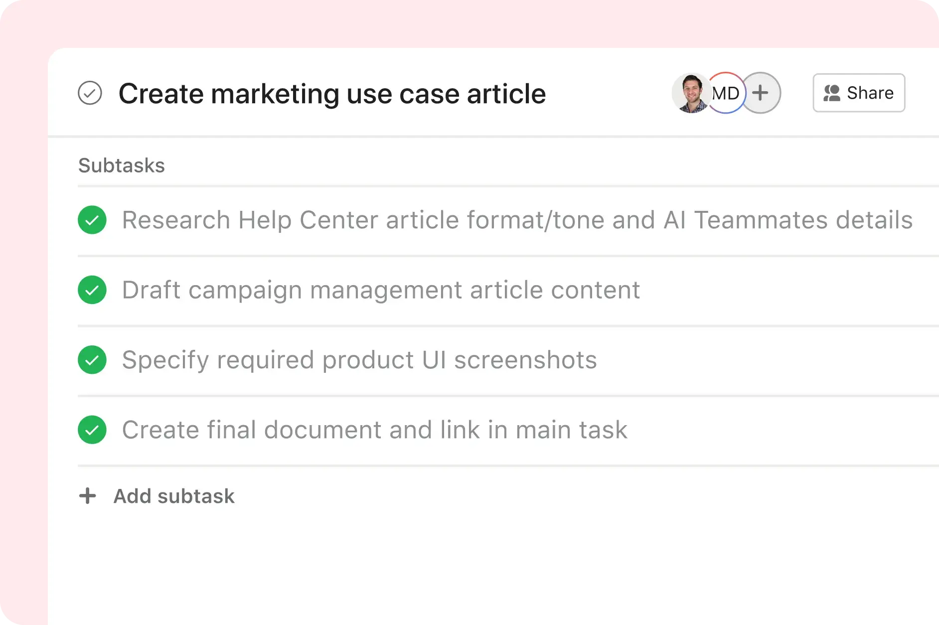 Asana product UI image showing a content assistant AI Teammate mapping out the steps to research and writing a blog article