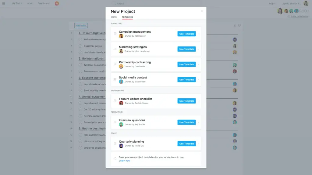 Product UI: New project in Asana