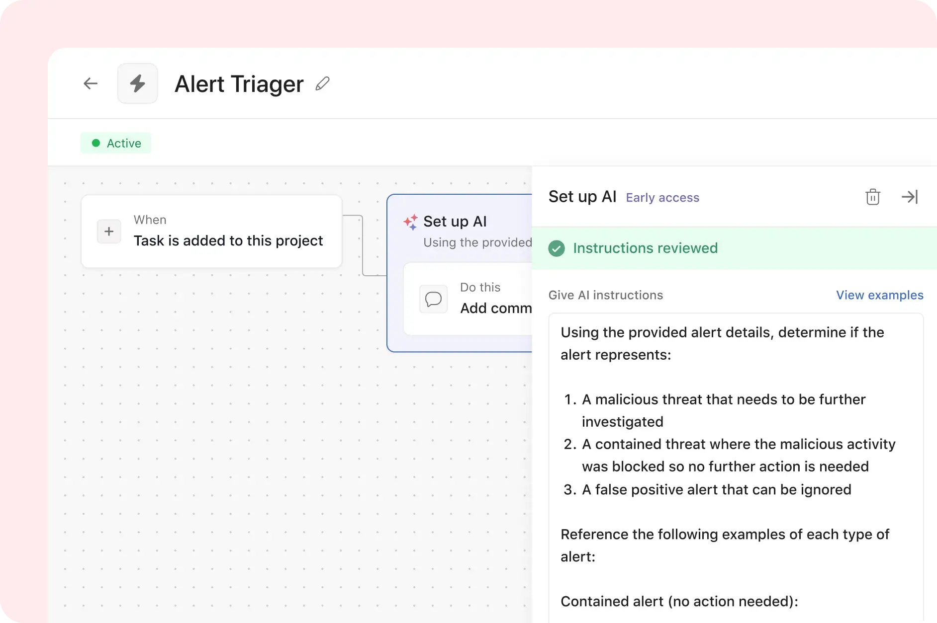 Product UI image showing how to add instructions to Asana AI Studio