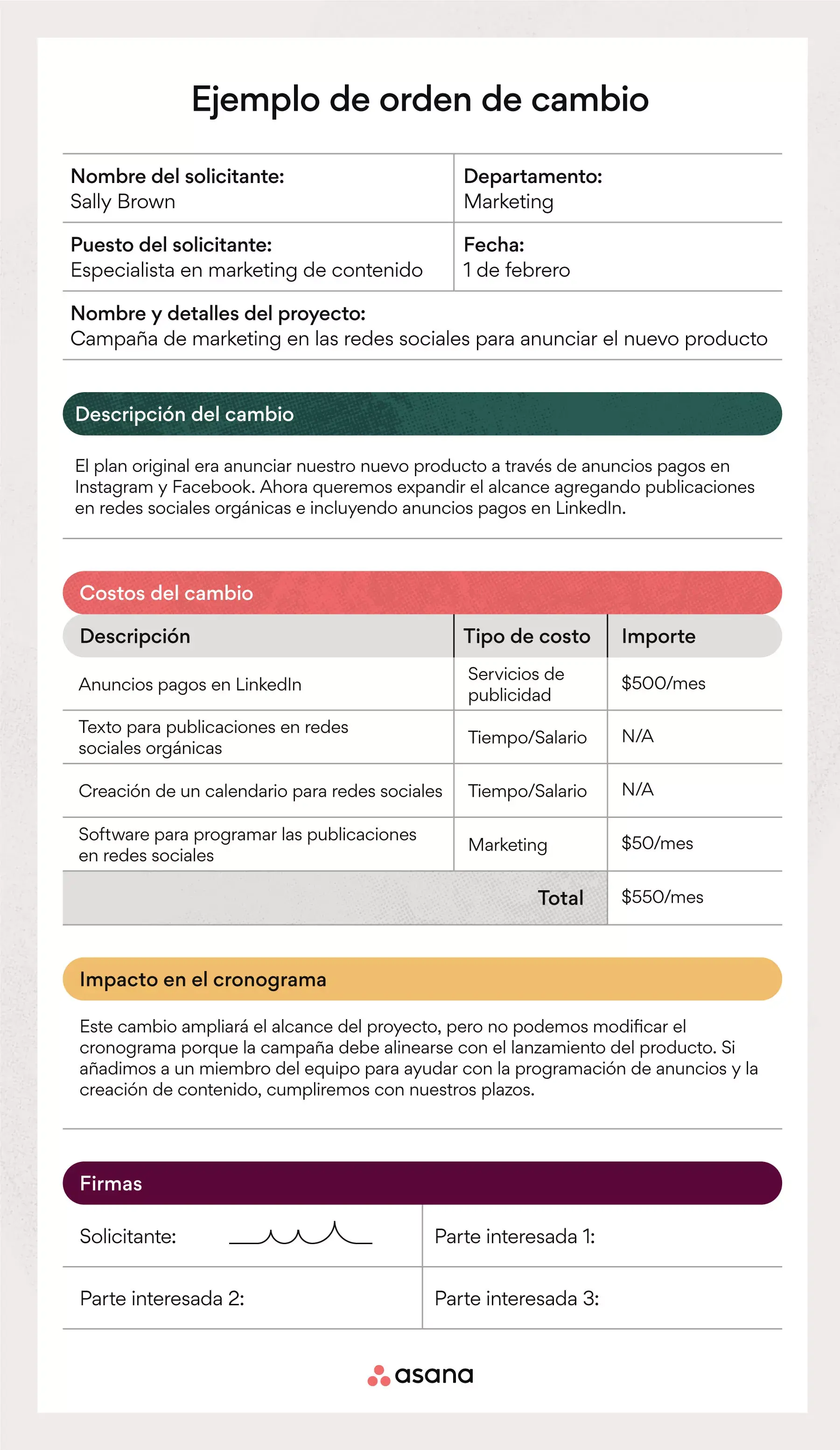 Ejemplo de orden de cambio