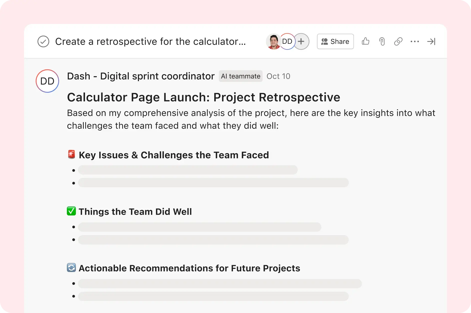 Asana product UI image showing a digital sprint coordinator AI Teammate sharing its project retrospective, including the issues the team faced, what the team did well, and actionable recommendations for future projects