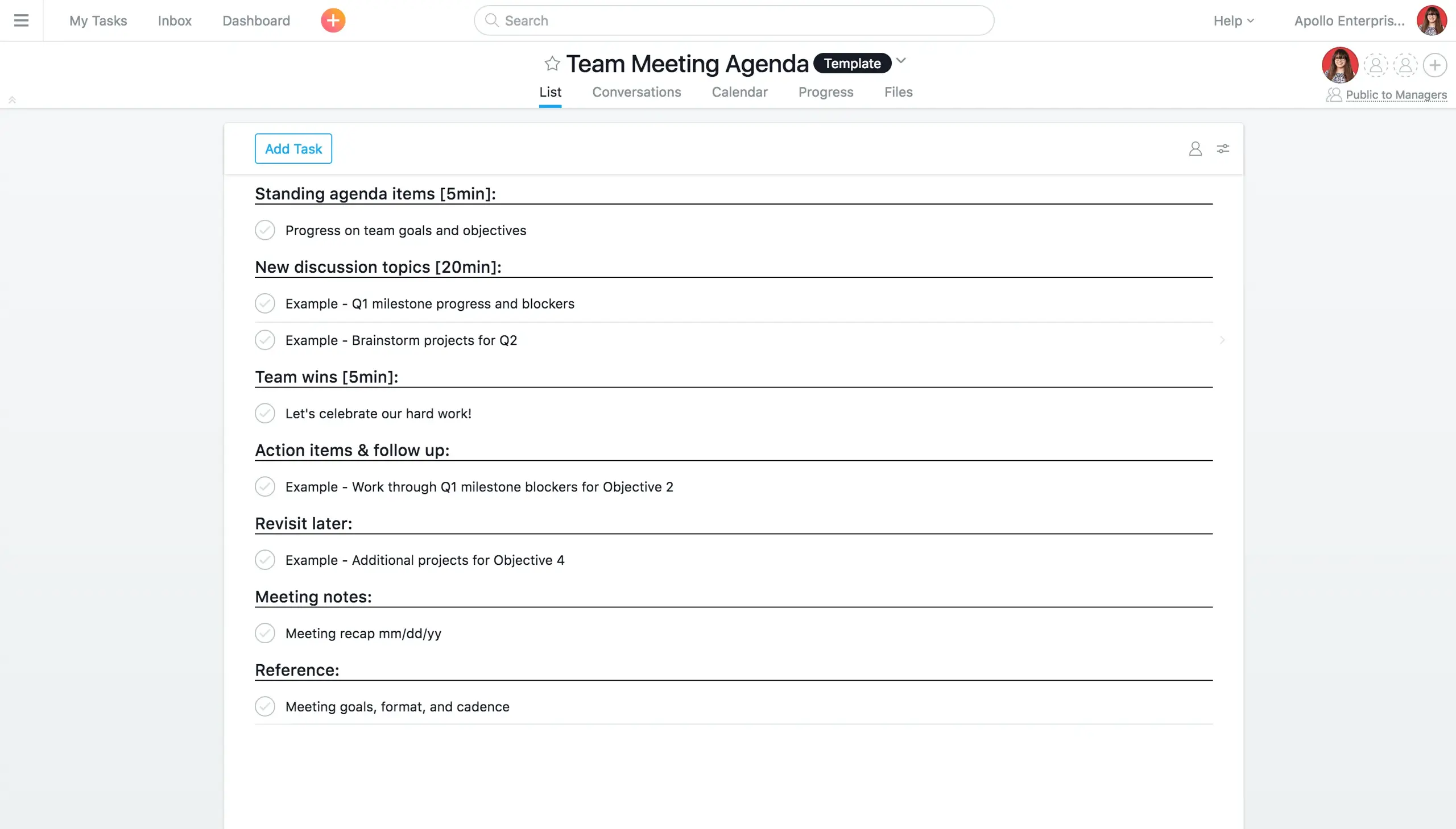 Product UI: Team meeting agenda in Asana