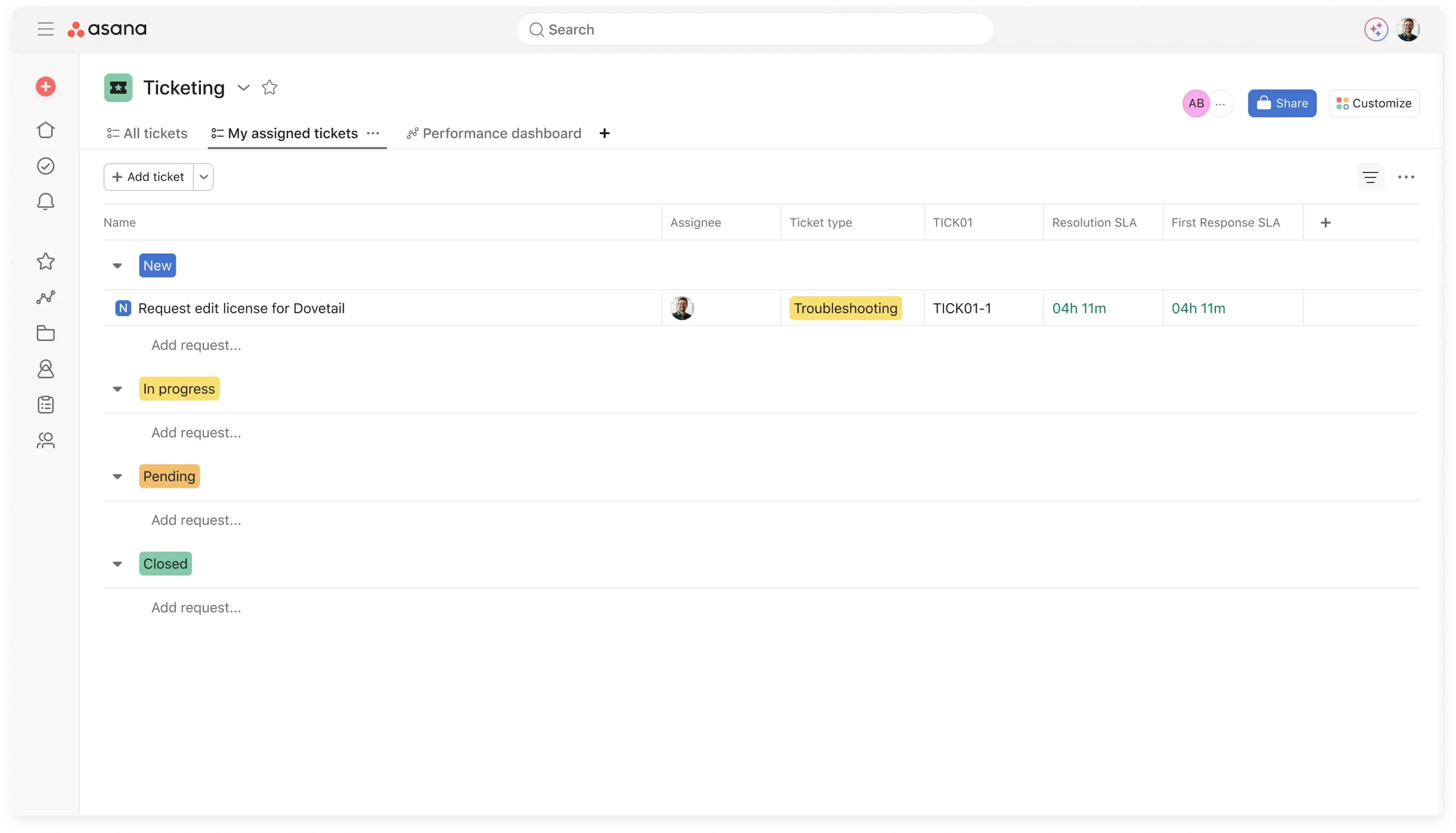 [Alte Produkt-UI] Projekt für IT-Anfragen in Asana, Projektansicht im Kanban-Board-Format (Boards)