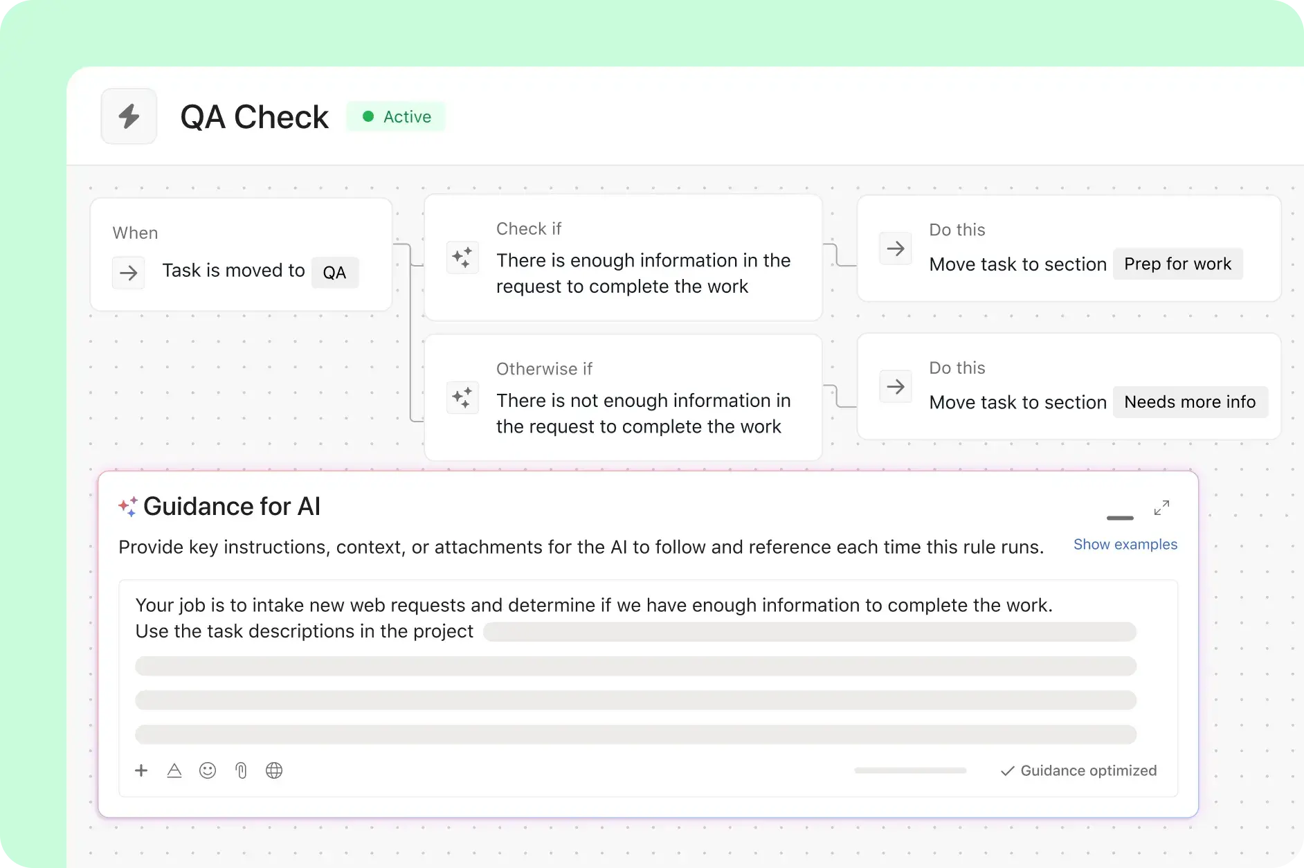 Asana product UI showing how AI Studio checks intake requests for missing information