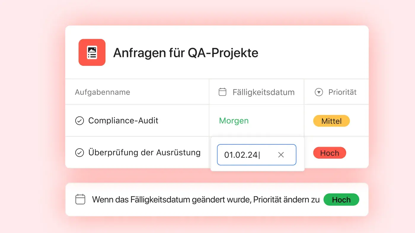 Erfassung eines QA-Projekts in der Listenansicht: Abstrakte Asana-Produkt-UI