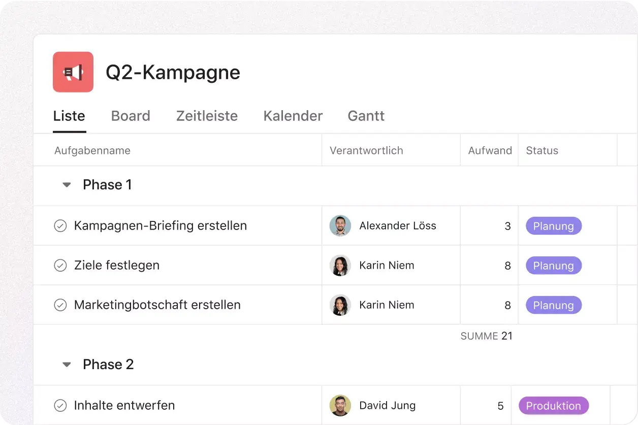 Produkt-UI der Listenfunktion in Asana