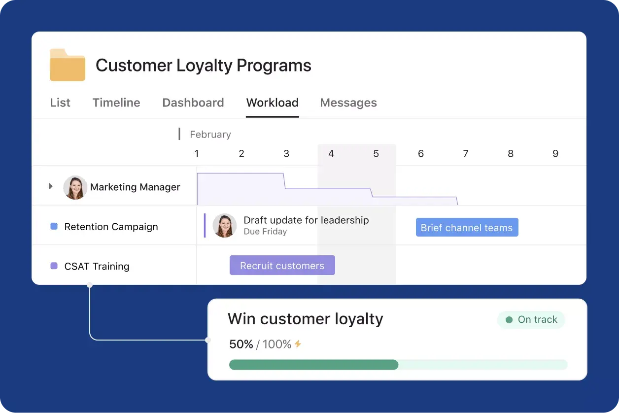 Interfejs użytkownika produktu w Asanie przedstawiający określanie celów programu lojalnościowego dla klientów 