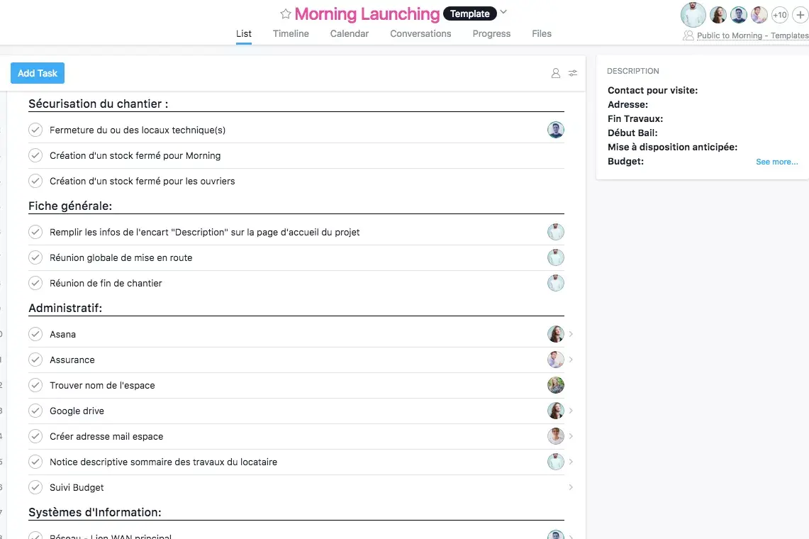 Modèle Asana utilisé par Morning Coworking pour ouvrir un nouvel espace