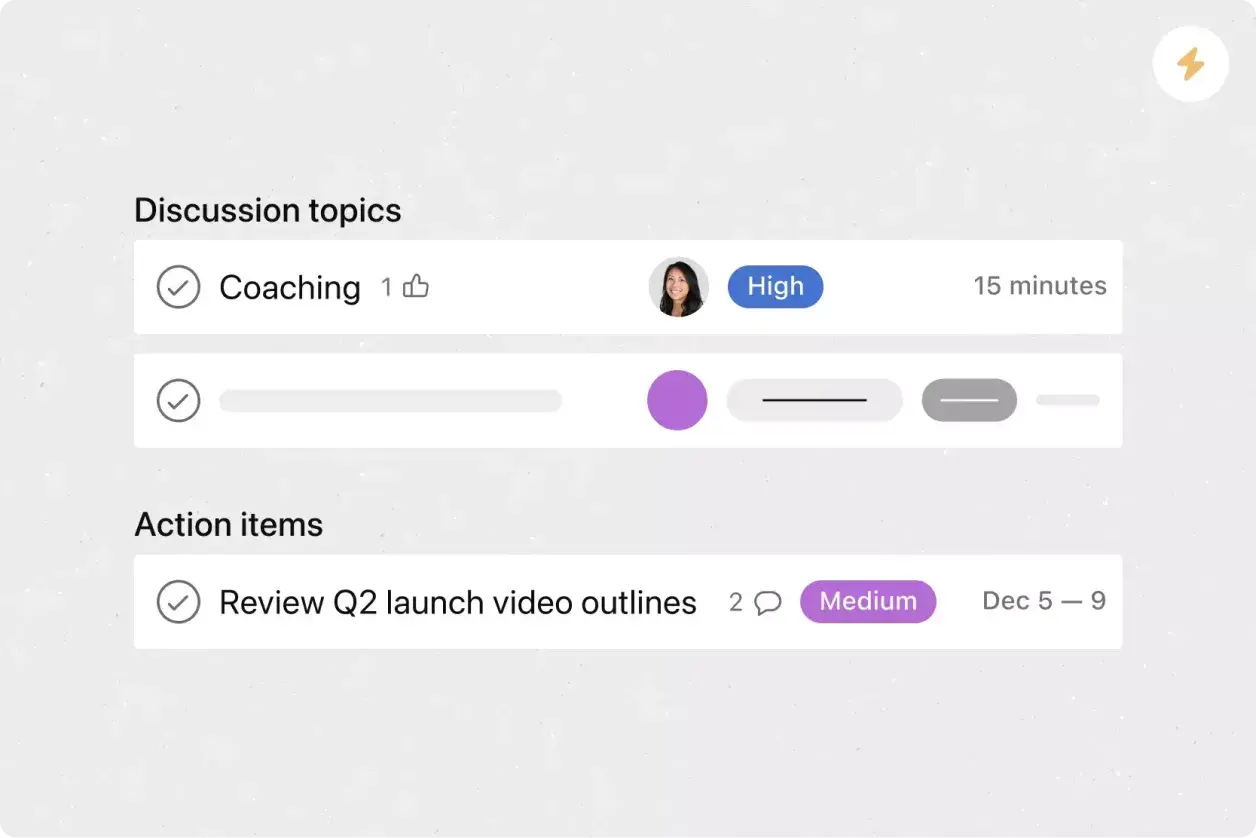 Product UI in Asana for 1:1 meeting template
