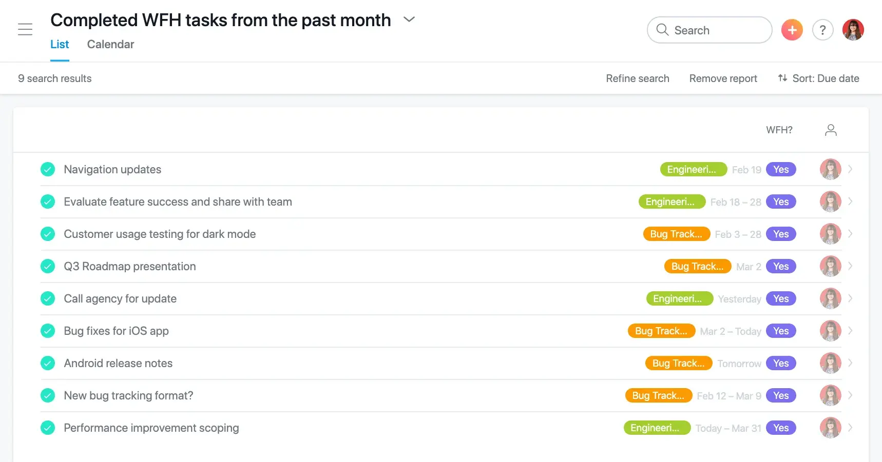 Product UI: View od completed tasks in Asana