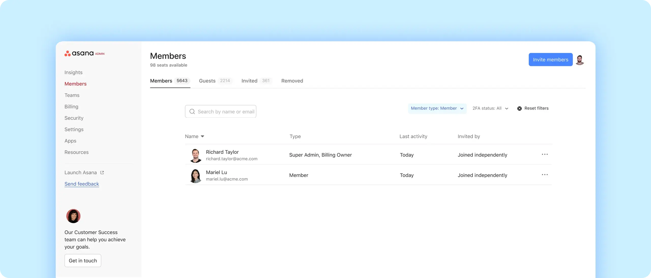 Admin console screenshot of members screen